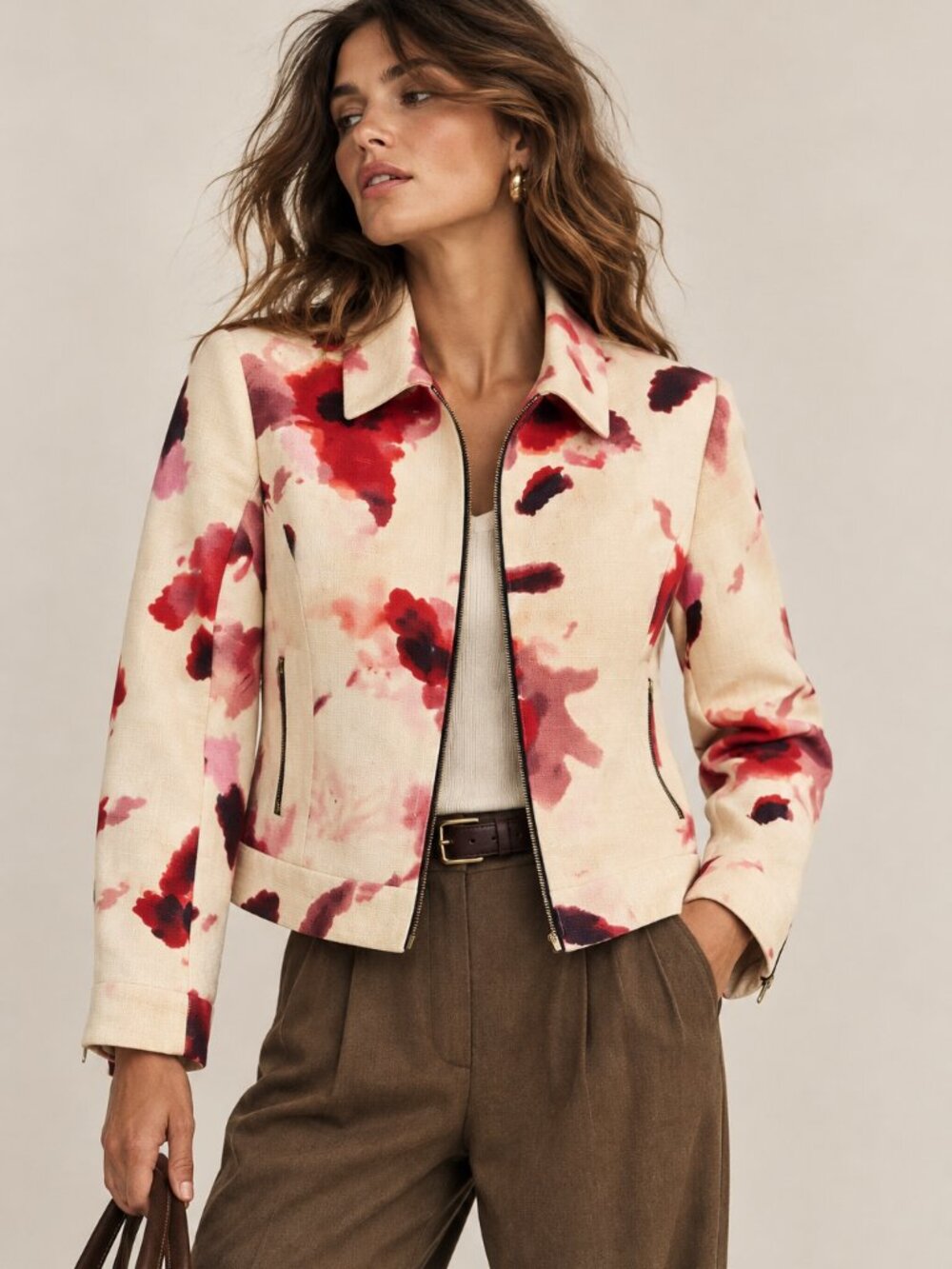 Zara Floral Watercolor Print Zip Up Statement Tailored Jacket Size M